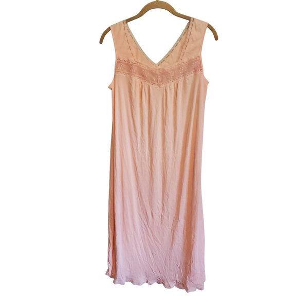 Vintage 80s Pastel Pink Lace Trim V Neck Knee Length Babydoll Night Gown - Picture 1 of 10
